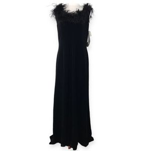 Jeffrey and Dara Evenings Black Velvet Ostrich Feather Maxi Dress Size 14